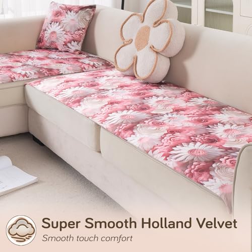 Image of HOKIPO 'Nature Muse' Premium HD Printed Holland Velvet L Shape (3+2 Seater) Sofa Cover Seat Mat, Blush Bouquet (IN-916-D6 + IN-918-D6)