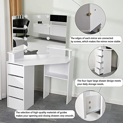 Corner Vanity Desk With Lighted Mirror,42 Inch Makeup Vanity Table With Lights,4 Drawer Makeup Dressing Table With 3-Fold Mirror,3 Lighting Colors,White #TOP5