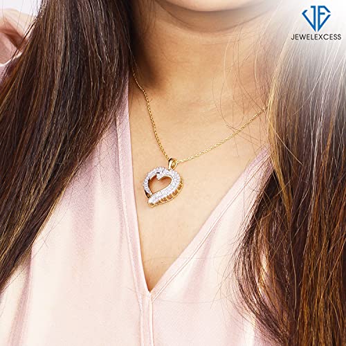 JEWELEXCESS Sterling Silver (.925) or 14K Gold over Silver Heart Necklace with 1.00 Carat White Diamonds | Jewelry for Women with Round & Baguette White Diamonds & 18 inch Rope Chain with Spring Clasp3