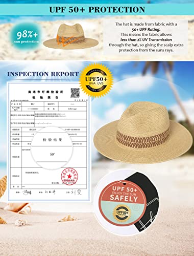Comhats Women Straw Sun Fedora Hat For Women,Packable Beach Hat Wide Brim Panama Hat Uv Upf 50+ Summer Hat Beige L #TOP4