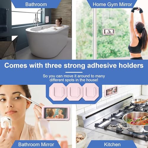Image of URROY Shower Phone Holder Waterproof, 360 Rotation Shower Phone Case, Anti-Fog High Sensitivity Universal Cover Mount Stand for Bathroom Wall Mirror Bathtub Kitchen, Gift for Men Women Pink