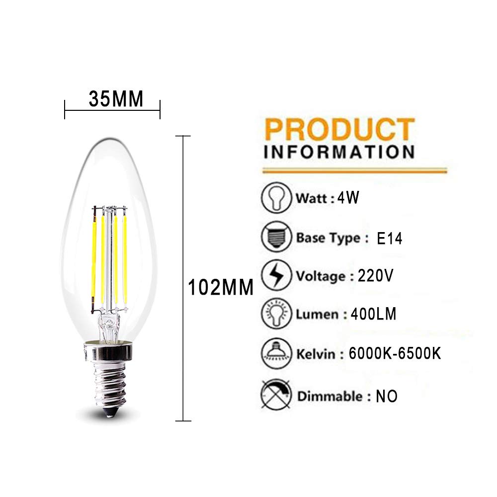 Genérico Bombillas LED Tipo Vela E14 de 4 W, Equivalente a 40 W incandescentes, luz Blanca fría 6000-6500 K, no Regulables, Bombilla Tipo Vela pequeña con Rosca Edison C35, Paquete de 20