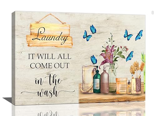 Farmhouse Laundry Room Wall Decor Rustic Laundry Room Signs Pictures Wall Art Country Butterfly Flower Floral Bathroom Canvas Print Painting Framed Home Artwork For Bathroom Washroom 24"x16"