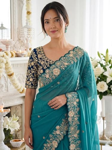 Image of SIRIL Women's Shimmer Georgette Scalloped Border Sequins Embroidery Saree with Unstitched Blouse Piece
