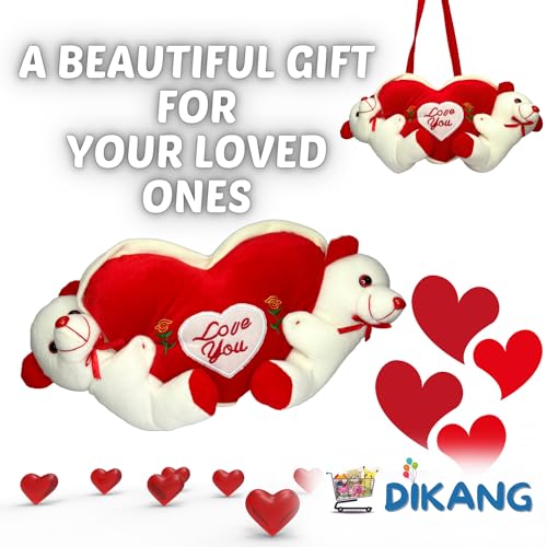 Image of DIKANG Hanging Couple Teddy Bear with Heart for Valentine's Day Gift | Valentine Gift for Boyfriend /Girlfriend /Husband /Wife - 20cm (Off-White & Red)