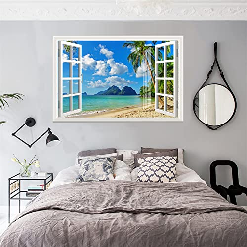 Fake Window Removable Wall Sticker Mural 3D Self-Adhesive Window Poster Decor-24"X35" Summer Beach Creative Window Decal Wallpaper Peel And Stick Faux Window Picture For Bedroom Living Room Office #TOP2
