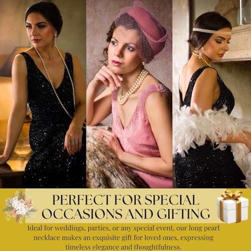 Halukakah 1920er Jahre Lange Perlenhalskette für Frauen - Exquisite Natürliche Zuchtperlen - Luxuriöser 8mm Strang mit Zeitloser Eleganz - Strahlendes Gold Länge 150cm - Perfekt für Besondere Anlässe