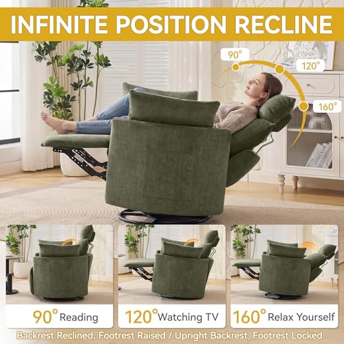 Image of Manual Recliner Chair, 360 Swivel Rocking Chair Nursery with Side Pocket, Glider Reclining Chair for Adults Small Space, Barrel Recliners with 2 Pillows for Living Room, Chenille Navy Green