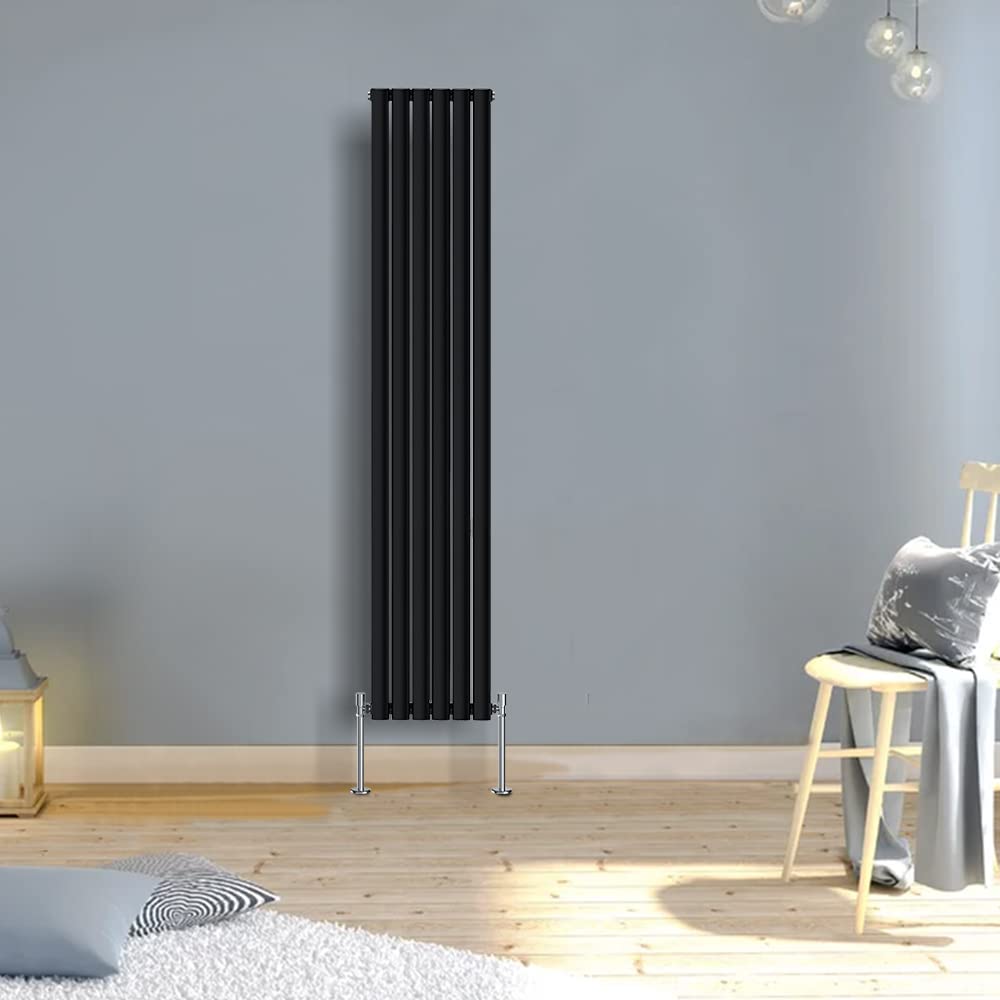 Warmehaus Black Modern Vertical Upright Tall Single Oval Panel Radiator 1800X354mm