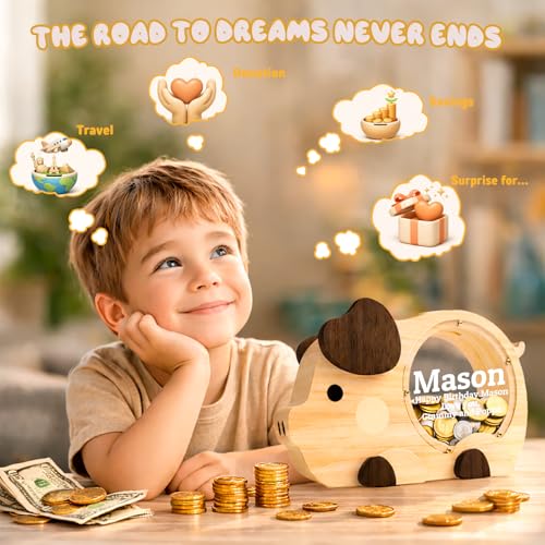 Image of Wooden Piggy Bank for Kids, Cute Money Bank for Boys, Clear Coin Bank with Plug, Wood Kids Bank Toy Unbreakable Money Box, Personalized Gift for Children Birthday Christmas and Festival