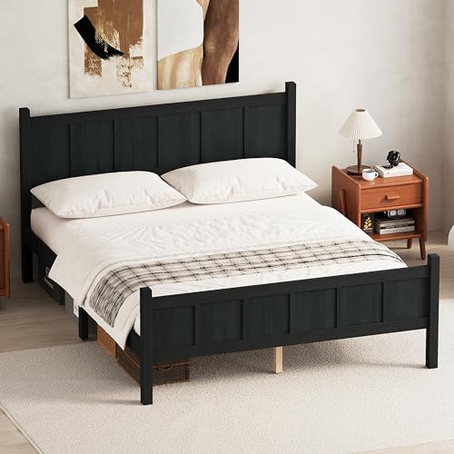Image of Queen Size Vintage Bed Frame with Headboard, Farmhouse Wooden Platform Bed with Under-Bed Storage, Minimalist Modern Wood Grain Finish Bedframe for Bedroom (Black)