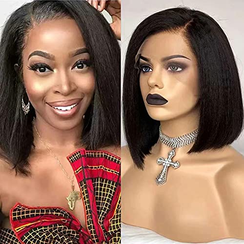 Short Bob Wigs Yaki Straight Lace Front Human Hair Wigs For Women Pre Pluck With Baby Hair 13x4 Lace Front Wig Remy Glueless Lace Wig (150 Density, 14inch)