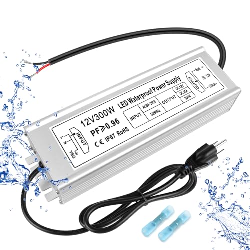 Image of LED Driver 300W 12V Power Supply, IP67 Waterproof Low Voltage Transformer, 110V AC to 12V DC Converter for Outdoor Landscape Lighting and LED Strip, with 3-Prong Plug 3.3FT Cable