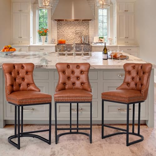 Image of UVV Counter Height Bar Stools Set of 2, 26 inch Modern Barstools with Back, Faux Leather Upholstery Counter Chairs with Metal Legs for Kitchen Island, Bar, Counter, Brown