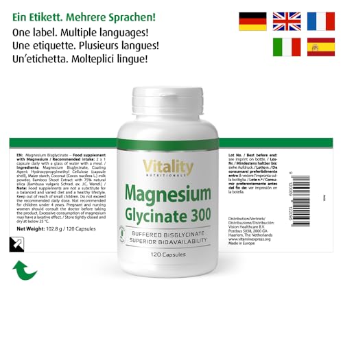 Magnesium Glycinat Hochdosiert, Kapseln mit 300 mg Bisglycinat pro Tagesdosis (120 Stk) Muskeln, Knochen Nahrungsergänzung Vitality Nutritionals by VitaminExpress
