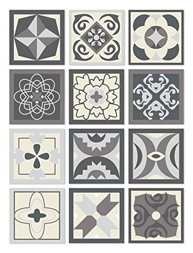 Panorama Azulejos Adhesivos Cocina Baño Pack de 48 Baldosas de de 15x15cm Diseño Hidráulico Gris - Vinilos Cocina Azulejos - Revestimiento de Paredes - Cenefas Azulejos Adhesivas