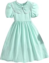 Girl's Mint Green A-Line Dress with Beaded Collar Neck and Puff Sleeves Knee Length Casual Wear