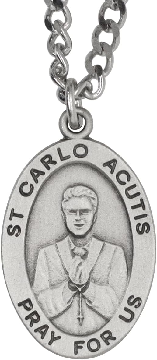 VILLAGE GIFT IMPORTERS St. Carlo Acutis Pewter Medal Necklace | First Millennial Saint & Patron of the Internet | 1" Pendant on 24" Chain | Includes Bio and Prayer Card Pamphlet
