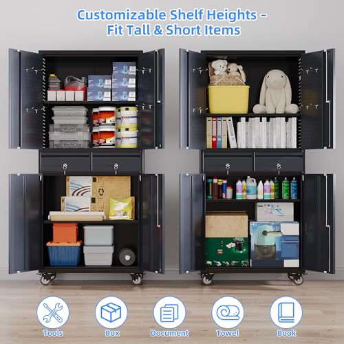 Image of 71 inch Rolling Metal Garage Cabinet with 2 Drawers and Pegboard Doors