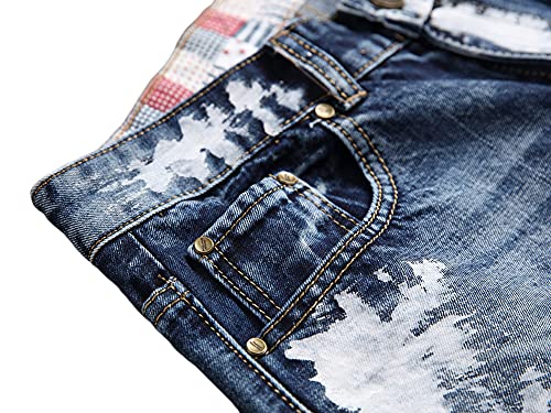 Kengue Men's Casual Slim Fit Printed Badge Embroidered Jeans with Patches3