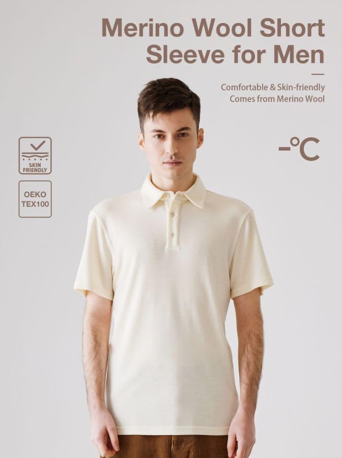 Men's 100% Merino Wool Polo Shirt Short Sleeve Moisture Wicking Base Layer Top2