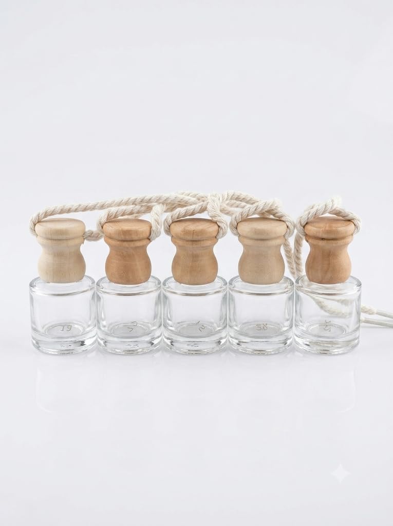 Ahşap Kapaklı Boş Cam Silindir Oto Kokusu Şişeleri, 8 ML, 5 Adet, Yeniden Kullanılabilir, Esans Depolama için