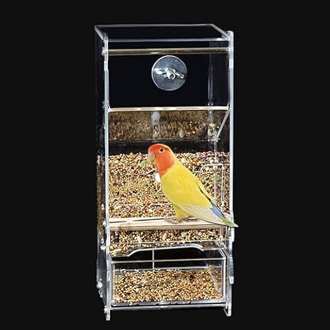 1.1L No Mess Automatic Bird Feeder, Anti Spill Transparent Acrylic Parrot Feeder for Cage, Seed Food Container with Cage Accessories for Budgies Cockatoo Canary Cockatiel Finch Cover