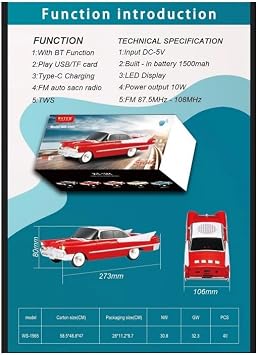 Araba Görünümlü Taşınabilir Kablosuz Bluetooth Hoparlör, Model WS-1965, Retro, FM Radyo, SD Kart, USB, MP3, Bej