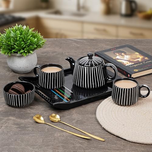 Image of CRAF10 Ceramic Handcrafted Midnight Stripe Tea Set - 1 Kettle (350 ML), 2 Cups (160 ML), 1 Bowl (for Sugar or Snacks), 1 Tray | Microwave & Dishwasher Safe | Teapot | Gifting Option