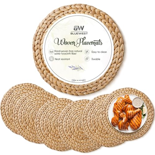 Image of BLUEWEST Round Woven Placemats (12 inch-15 inch) - Rattan, Wicker Water Hyacinth, Braided Set - Heat Resistant /Anti-Slip for Dinner Plates (12 inch, Set of 6)
