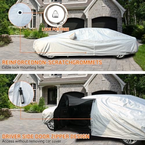 Image of Tecoom Car Cover Waterproof All Weather, 3 Layers Car Covers for Automobiles, Fleece Lining with Zipper Door Lock Full Exterior Covers, Wind Rain Snow Sun Hail Protection Fit for Sedan (191-200 Inch)
