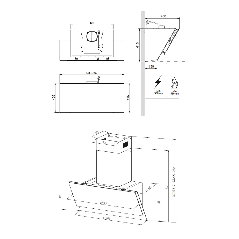 Hyundai Campana Extractora Inclinada 90cm Cristal negro HCPD900AN. Potencia 253m3/h, Tiro Doble, 4 Velocidades, Control Táctil, Filtro apto para Lavavajillas.