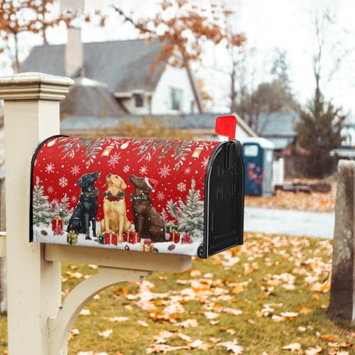 Image of Christmas Dog Mailbox Cover with Magnetic 25.5x21 Inch Xmas Puppy Trees Winter Snowflakes Waterproof Mailbox Wrap Letter Post Cover Large Size for Garden Yard Outdoor New Year Decor