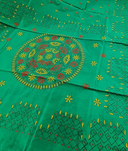 Image of SHRISTI CLOTHINGS Women's Hand Embroidered Cotton Silk Kantha Stitch Saree with Blouse Piece (SB420324 GREEND3)