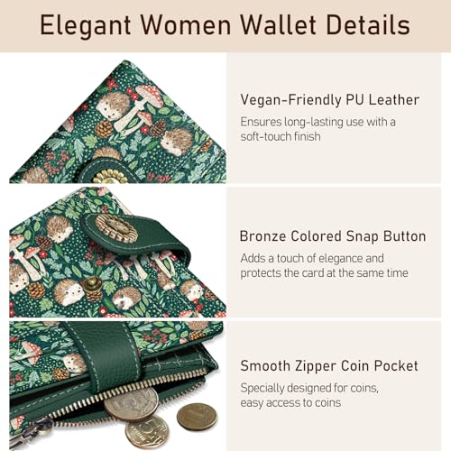 Image of Kelvoris Cute Hedgehog Small Rfid Women Wallet Bifold Zipper Coin Pocket | PU Leather Compact Cash Credit Card Holder Travel Purse for Female Ladies Teen Girls 1 ID Window 10 Card Slots