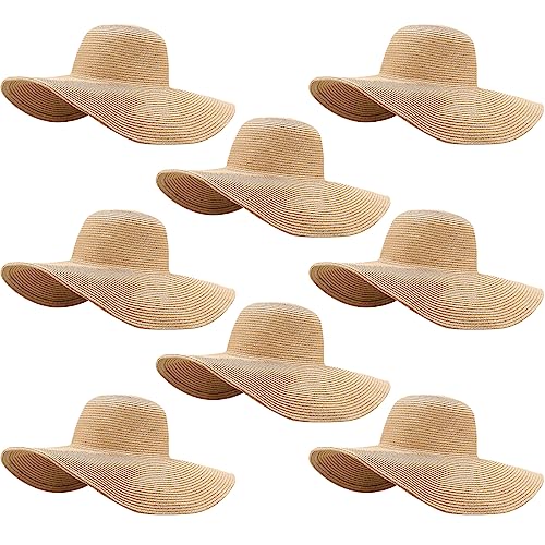 Sintuff 8 Pcs Womens Sun Straw Hat Bulk Super Wide Brim Beach Hats Big Foldable UV Hat Large Floppy Scarecrow Witch(Khaki)