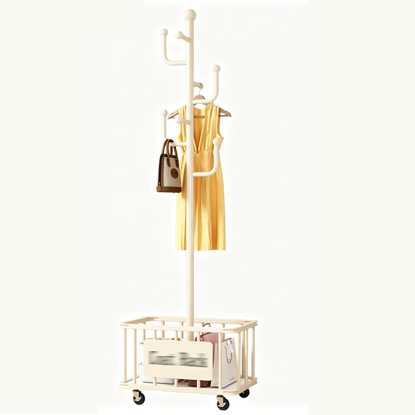 YAOHY Metal Clothing Rack with Wheels, Freestanding Rolling Coat Rack With Hanging Rod And Storage Basket, for Bedroom, Closet, Living Room, Entryway(White,Style2)