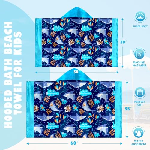 Image of Shark Boys Beach Towel with Hoodie for Kids Toddlers Age 4-8,Shark Blue Bath Towels Shower Wrap for Boys, Hooded Poncho Beach Blanket for Pool Swimming Cute Wearable Bath Towel for Child