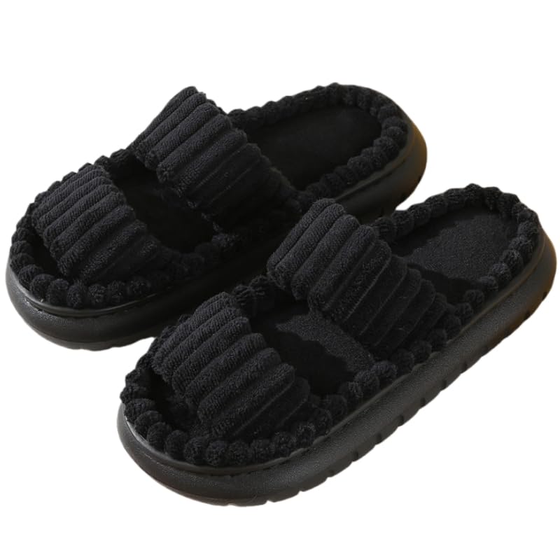 Women's Plush Slippers - Warm Lining, Striped Open Toe Design, Non-Slip EVA Sole, Cozy Indoor Comfort