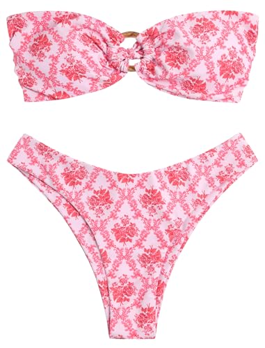 Image of ZAFUL Women's Bandeau Bikini O Ring Strapless Tie Back High Cut Two Piece Swimsuit Bathing Suits