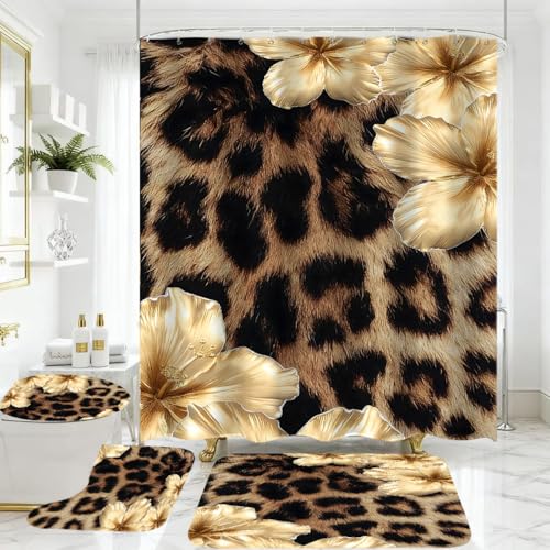jieprom 4 Piece Brown Leopard Shower Curtain Set with Rugs Luxury Golden Floral Art Exotic Animal Print Fabric Bathroom Decor Non-Slip Mats & Toilet Lid Cover