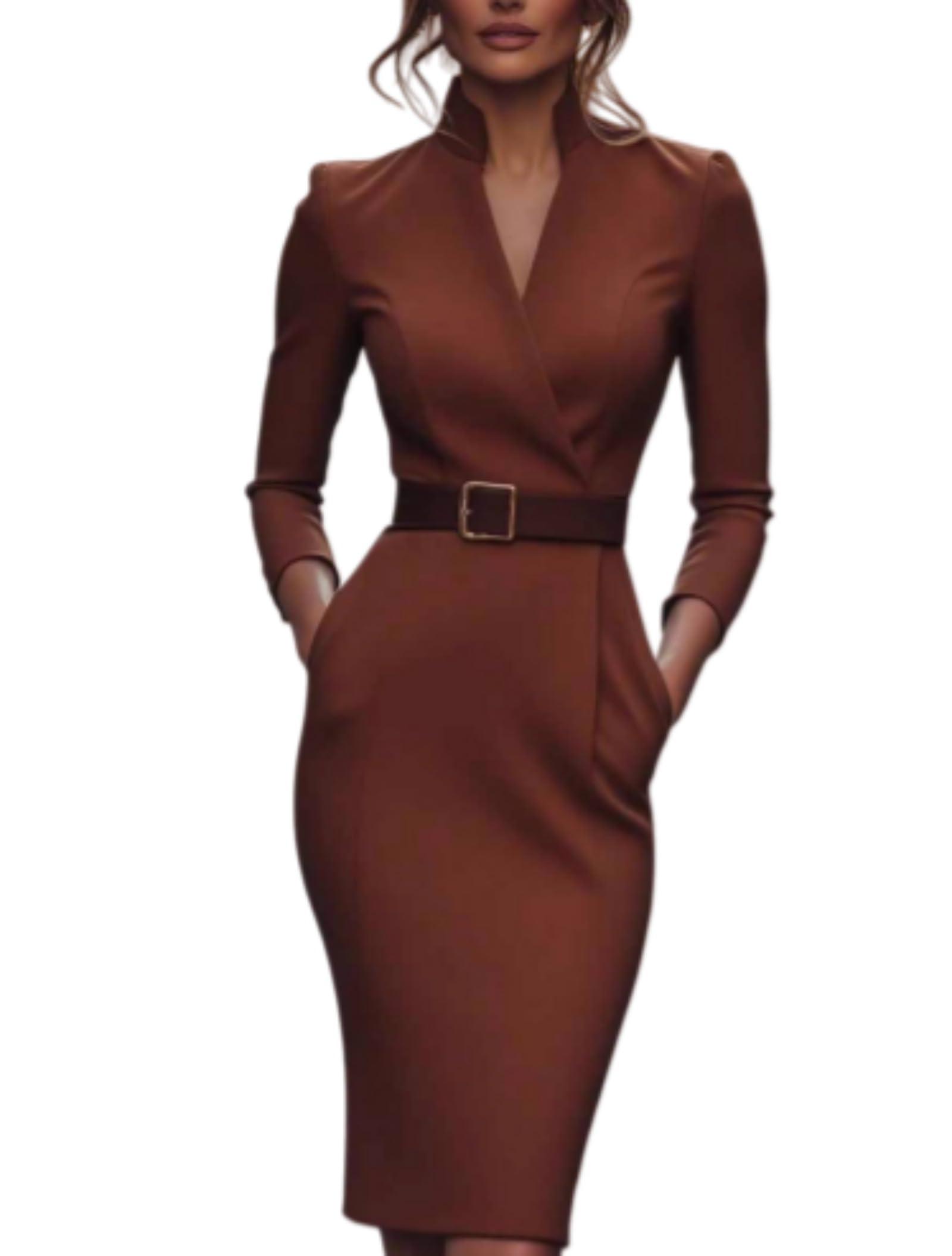Women V Neck Blazer Dress Elegant Long Sleeve V Neck Bodycon Sheath Business Dress Zipper Up with Belt