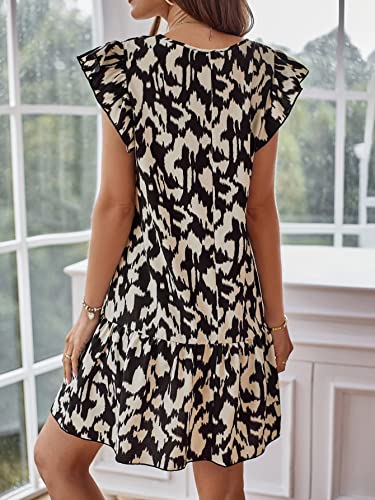 Image of Floerns Women's Solid V Neck Ruffle Trim Cap Sleeve Summer Tunic Dress