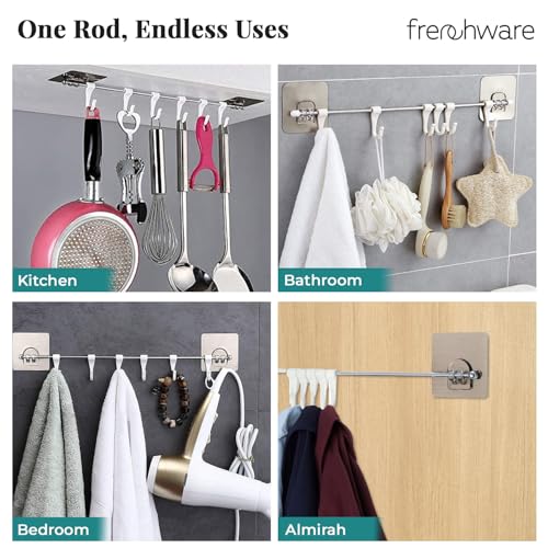 Image of Frenchware Wall Hanging Organizer Rod with 6 Hooks and 2 Adhesive Sticker | Stainless Steel Rack Without Drilling, For Cloth and Utensil Hanger