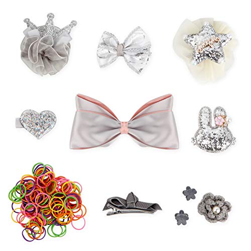 QUMY Dog Hair Clips Mixed Styles Varies Patterns Bows Pet Hair Accessories Grooming Product Hair Clips for Little Girls, 10 Piece (Grey)