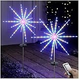 DenicMic Solar Firework Meteor Lights 2 Pack Outdoor Solar Garden Decorative Starry Starburst Lights with Remote, 8 Modes Landscape Path Patio Yard Christmas Decor (Multicolor)