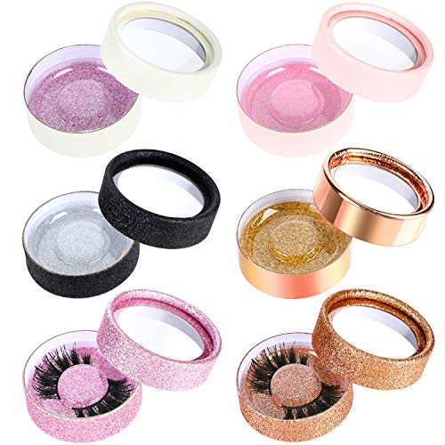 6 Pieces Round Shape False Eyelash Boxes Glitter Fake Eyelash Packaging Cases Empty Eyelash Storage Boxes with Lash Trays for Women Girls Favors, 6 Colors