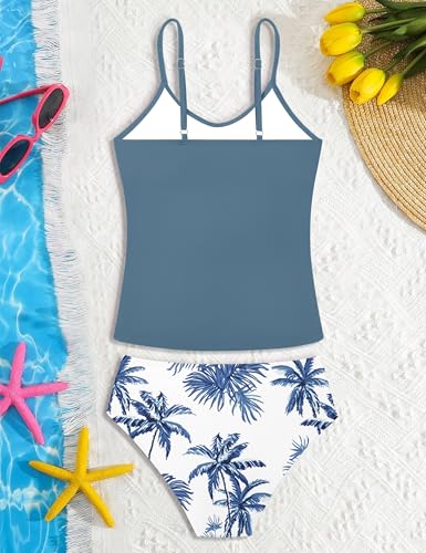 Image of Girls Swimsuit 2 Piece Bathing Suit Criss Cross Ruched Girl Tankini Sets Printed Girls' Swimwear for 9-18 Years