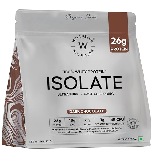 Wellbeing Nutrition Whey Protein Isolate 1kg Dark Chocolate | 26g Protein, Clinically Proven Velosit...