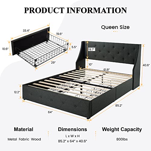 Sha Cerlin Queen Platform Upholstered Bed Frame With 4 Storage Drawers And Wingback Headboard, Diamond Stitched Button Tufted Design, No Box Spring Needed, Dark Grey #TOP1